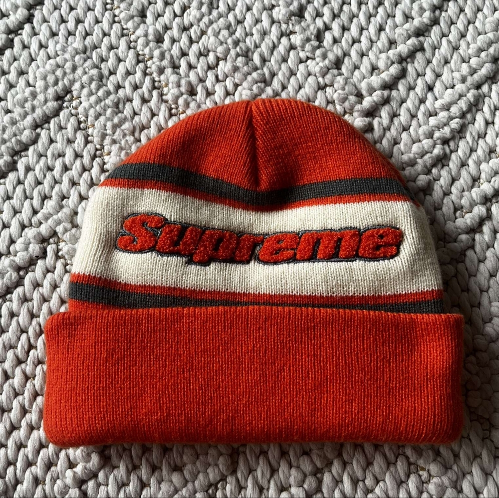 FW19 Supreme Orange Chenile Stripe Embroidered Beanie Hat Accessory